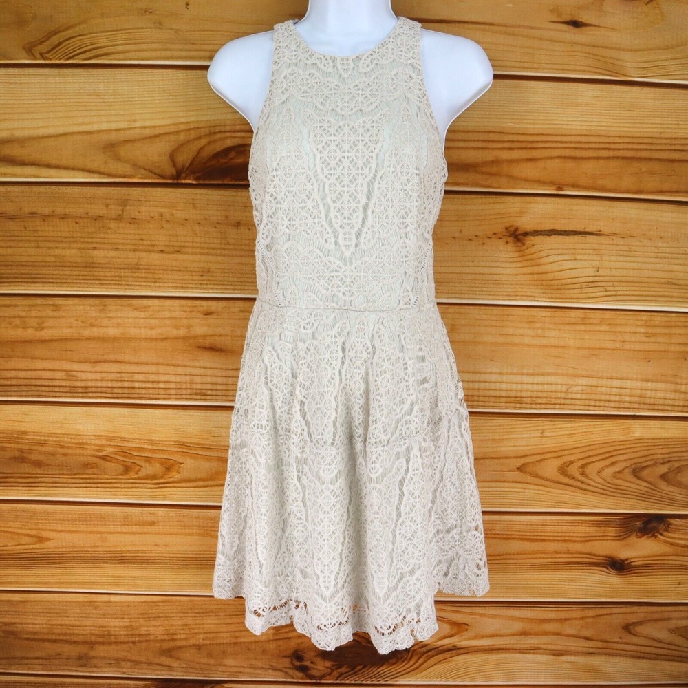 Mossimo Sleeveless Dress High Neck Womens Size M Ivory Lace Overlay Zip Closure